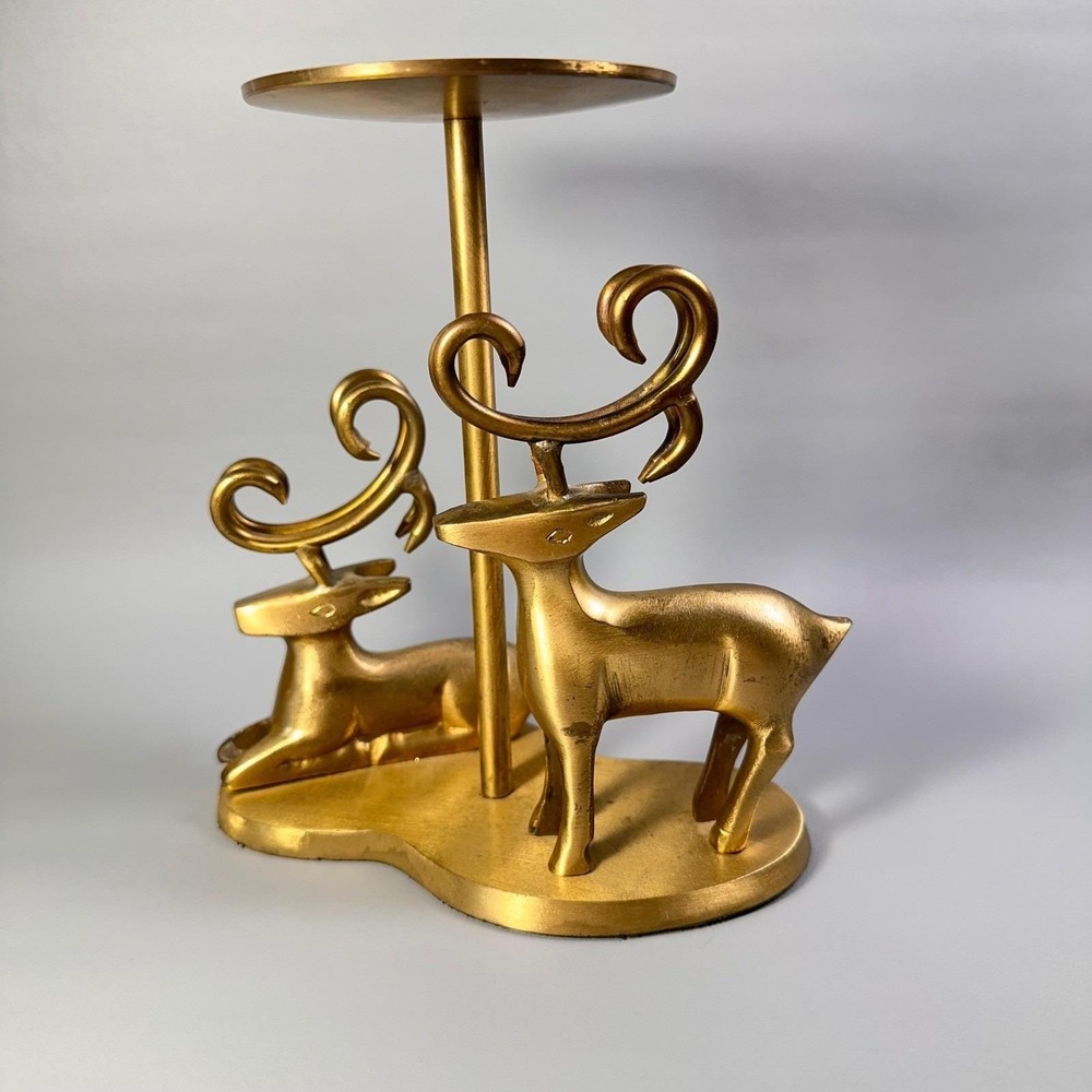 Solid Brass Reindeer Candle Holder Double Deer India Vintage Holiday Decor